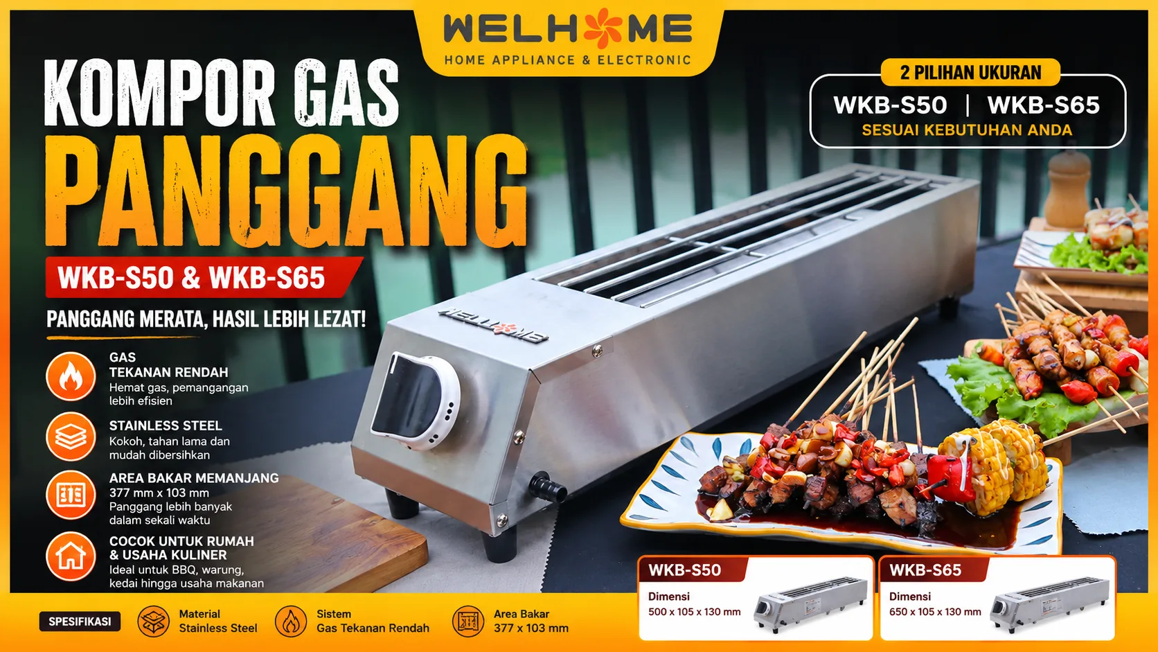 Kompor Gas Panggang WELHOME WKB-S50 & WKB-S65 untuk BBQ