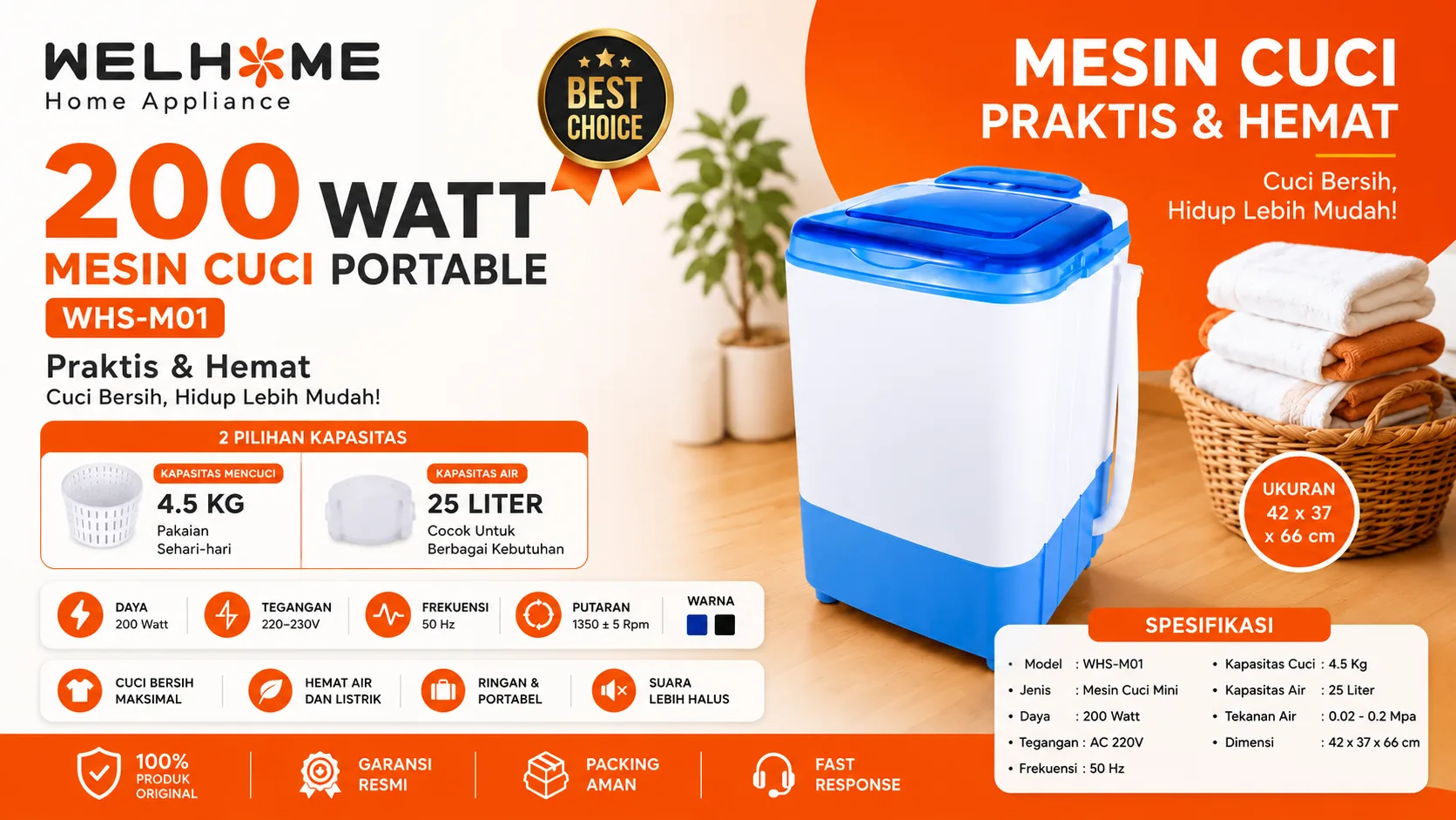 WELHOME Mesin Cuci Portable WHS-M01 4,5 Kg, Hemat Listrik