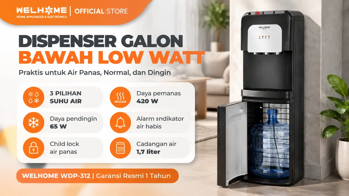 WELHOME WDP Dispenser Galon Bawah Low Watt, Cara Mudah untuk Kebutuhan Air Panas dan Dingin